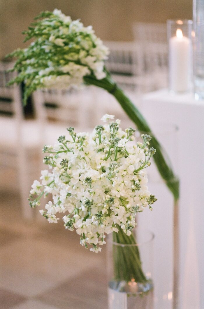 Closeup of white wedding florals at Chicago wedding