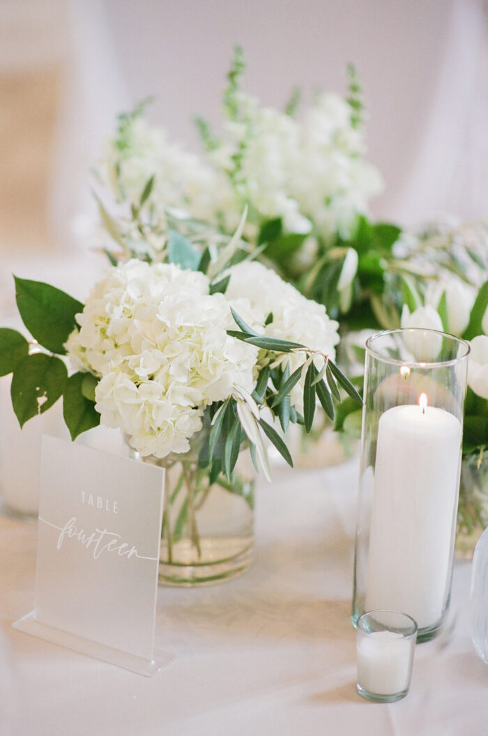 White floral centerpieces at Chicago Old Post Office