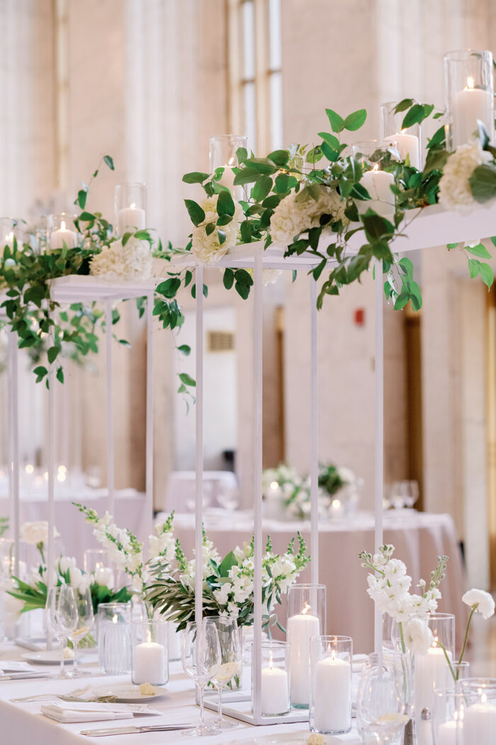 High floral centerpieces in white and green