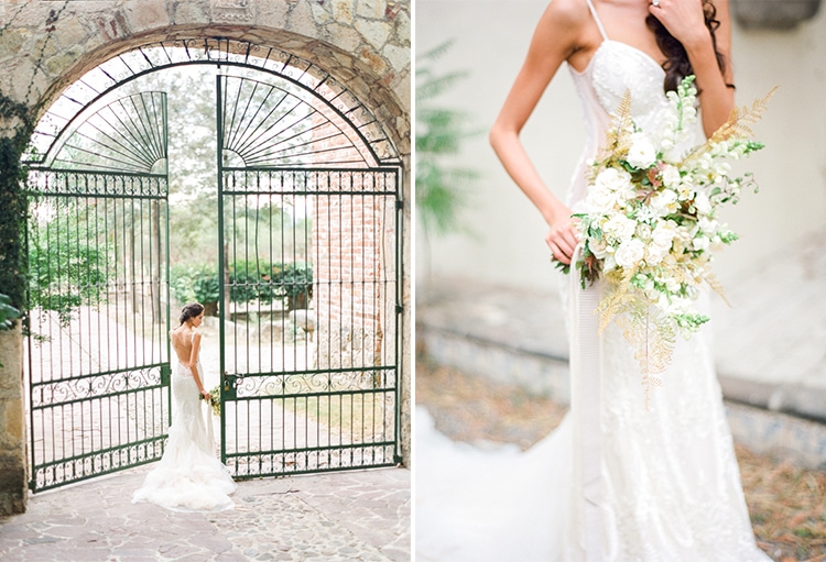 Wedding portrait session of bride in white dress holding an arrangement of mixed flowers