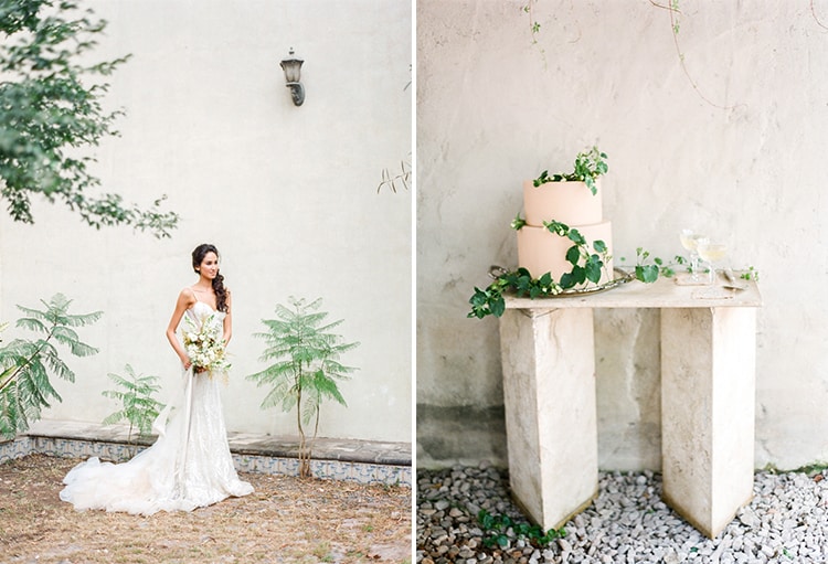 Bride on the outside grounds of the hacienda and white wedding cake decorated with greenery