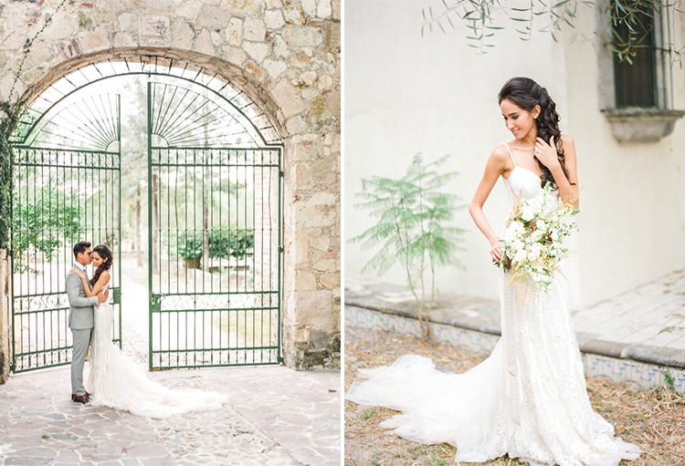 Bride and groom at gate to the entrance of Hacienda Labor De Rivera and bride in white gown posing looking to the side and down