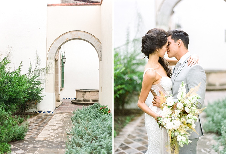 Mexico wedding styled shoot of Hacienda Labor De Rivera building structure and wedding couple