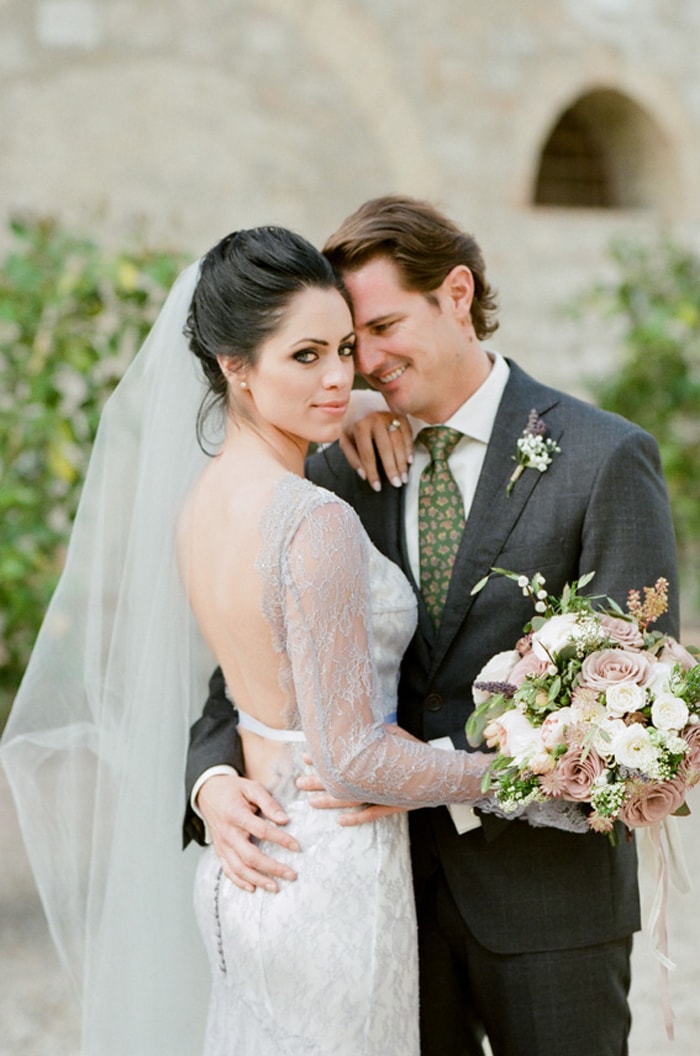 Bride and groom on their wedding day in Tuscany Italy