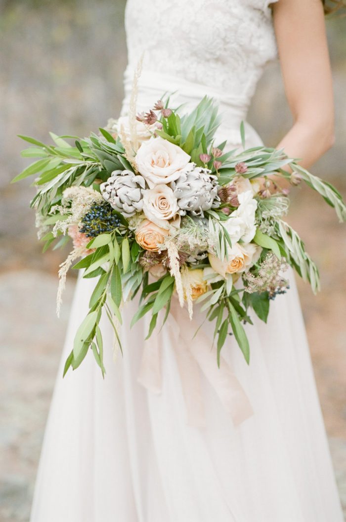 Bridal bouquet of bare root flora at Aspen wedding