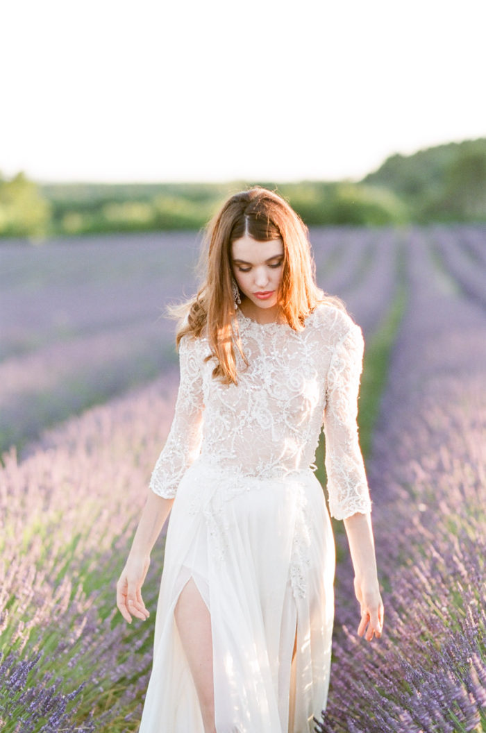Bride in a field of lavender at a destination wedding in Provence France