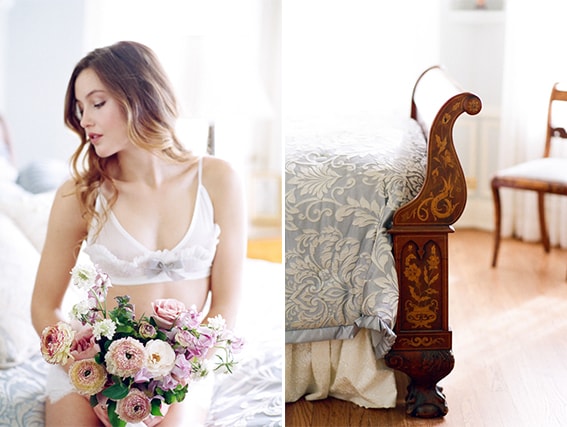 Elegant Colorado boudoir session featuring sophisticated white lingerie inside the blue room at Cherokee Ranch and Castle in Colorado