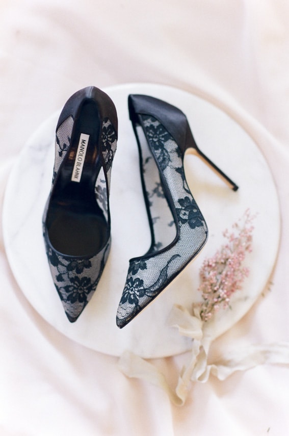 Black lace pointed toe high heels