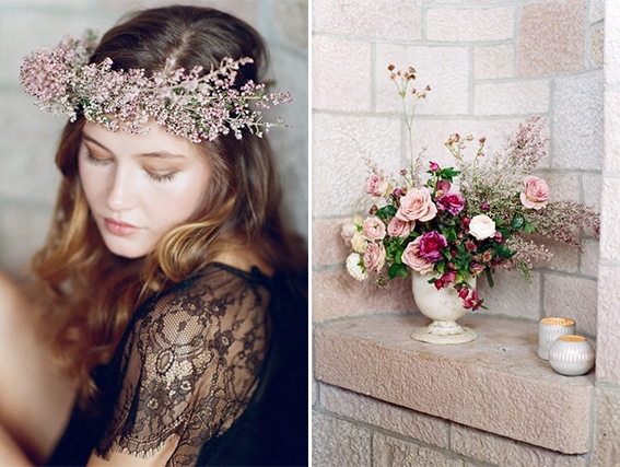 Earthy boudoir portraits in Colorado featuring a flower crown and sophisticated black lingerie