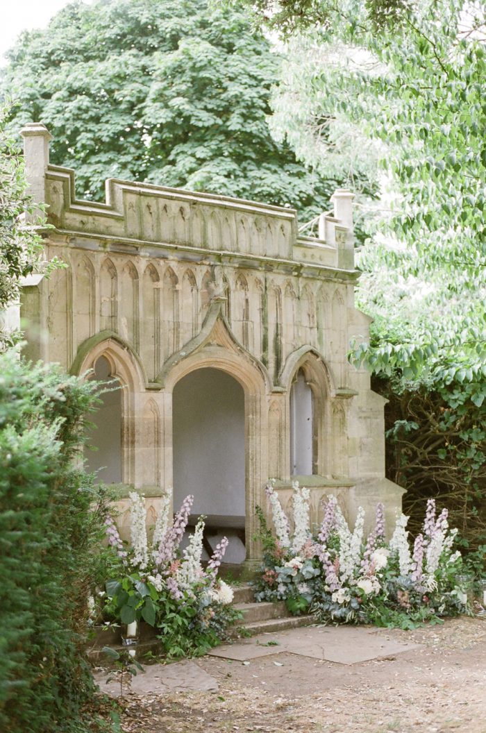 Organic wedding ceremony florals at The Barnsley House in The Cotswolds