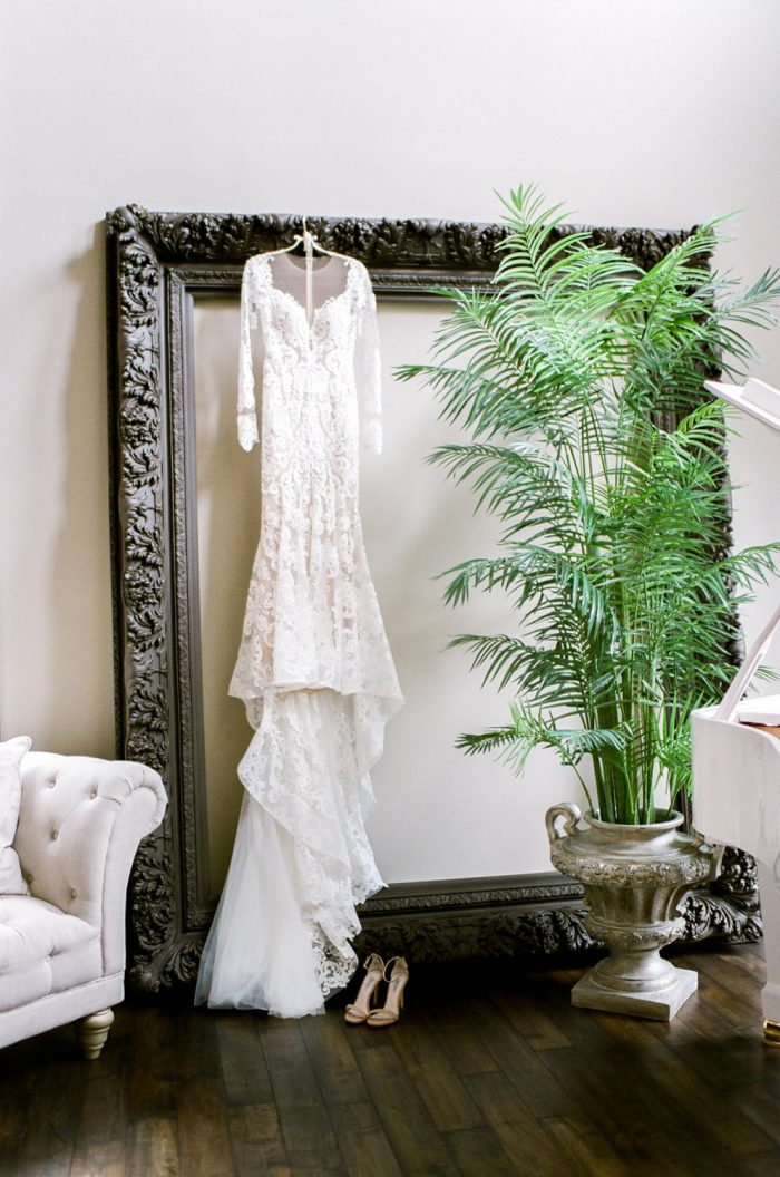 Wedding gown hanging up at Castle Pines in Colorado