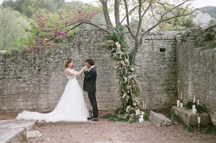 Bride and groom during their wedding ceremony at Domaine de Manville