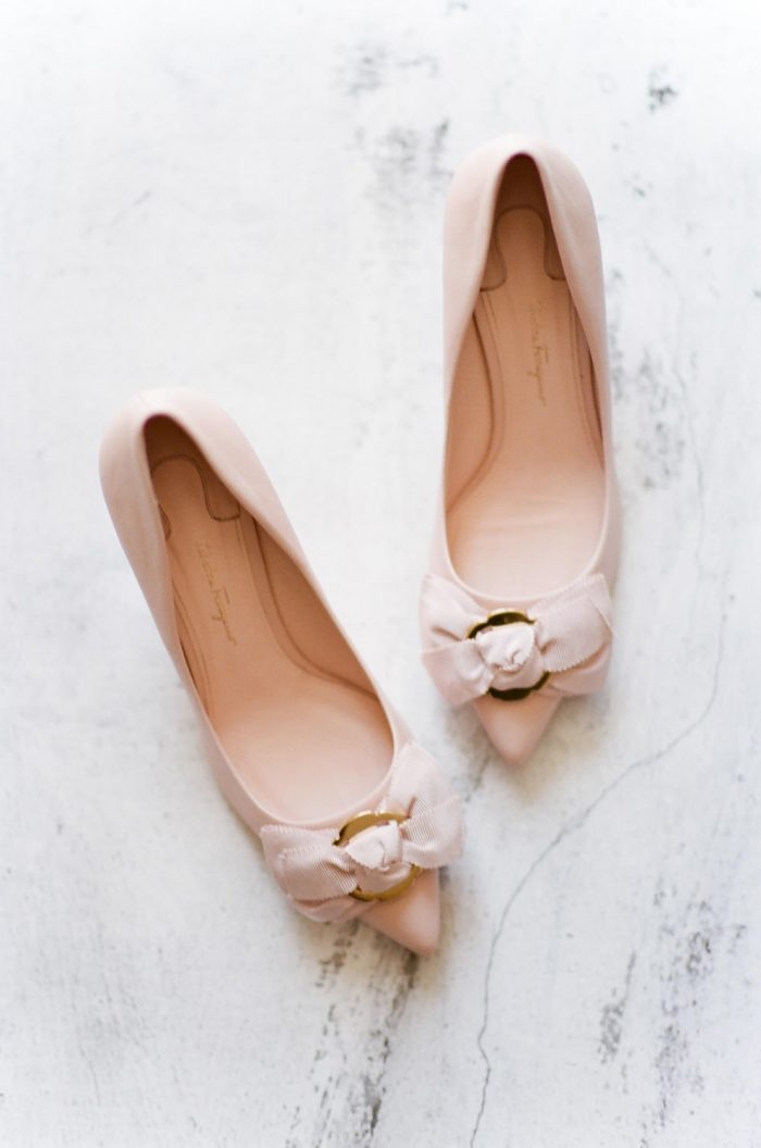 Salvatore Ferragamo shoes sitting on marble at a Sonnenalp Wedding in Vail with Isabelle Kline Design