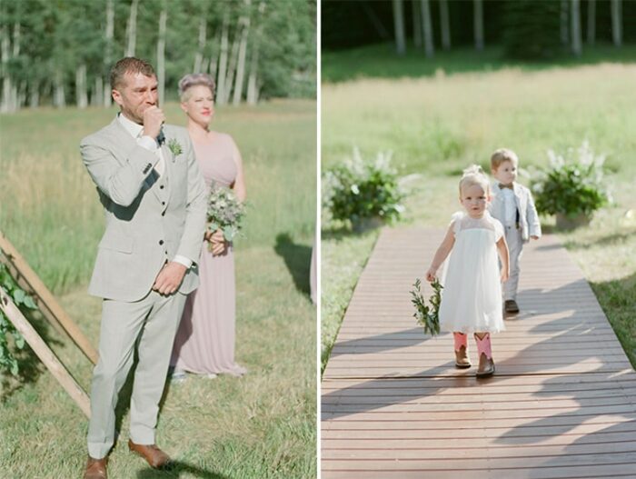 Flower girl walks down the aisle at an outdoor wedding in Vail Colorado