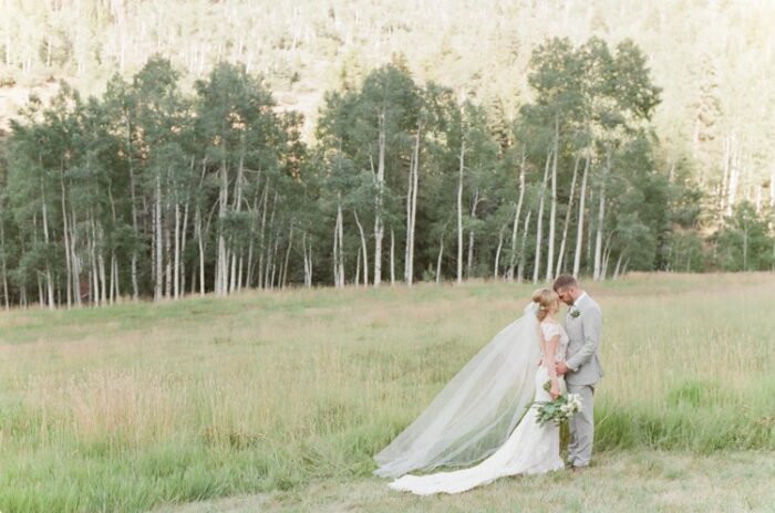 Wedding portrait of a bride and groom at Eaton Ranch in Colorado