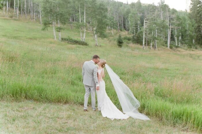 Wedding portrait of a bride and groom at Eaton Ranch in Colorado