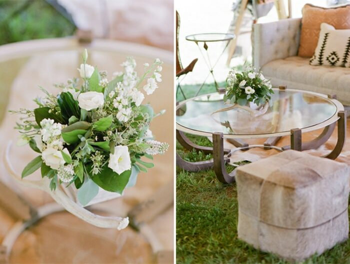 Floral arrangement at an outdoor wedding reception at Eaton Ranch in Vail