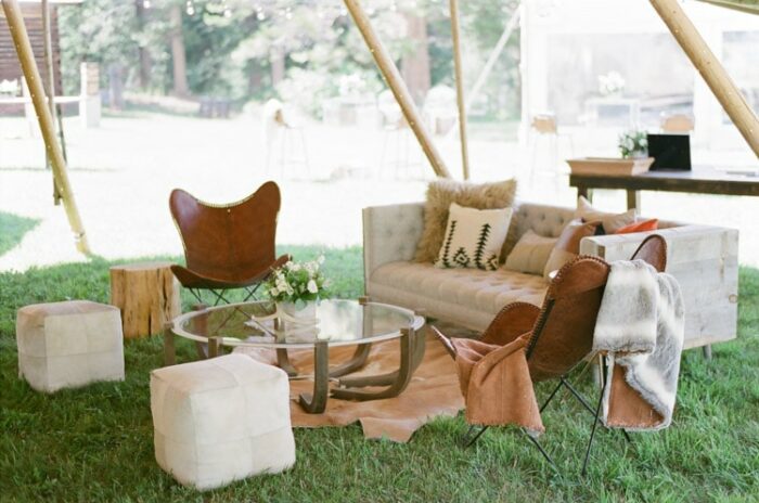 Bohemian lounge area at a wedding reception in Vail