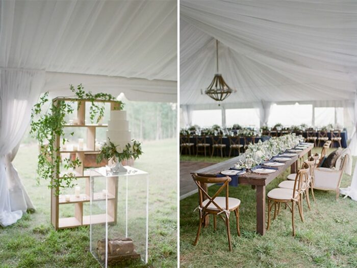 Cake display and reception tables at an outdoor reception at Eaton Ranch in Vail