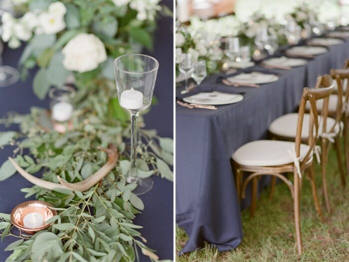 Rustic floral arrangement at a tented wedding reception in Vail Colorado