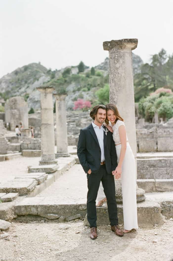 Happy Bride And Groom Embracing Each Other At Glanum Ruins