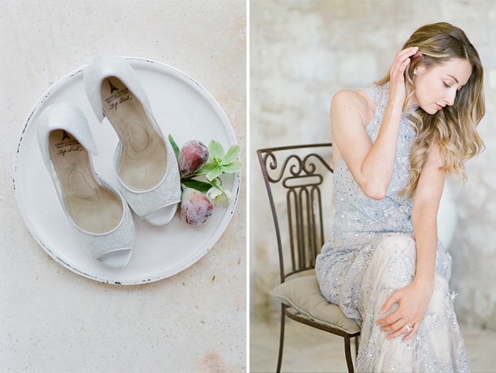 Engaged Bride in her soft blue gown adorned with floral ornaments