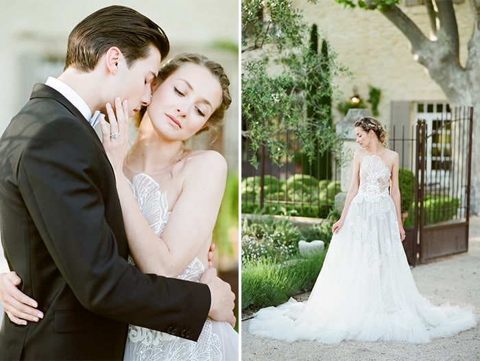 Wedding Couple Hugging and bride posing at estate