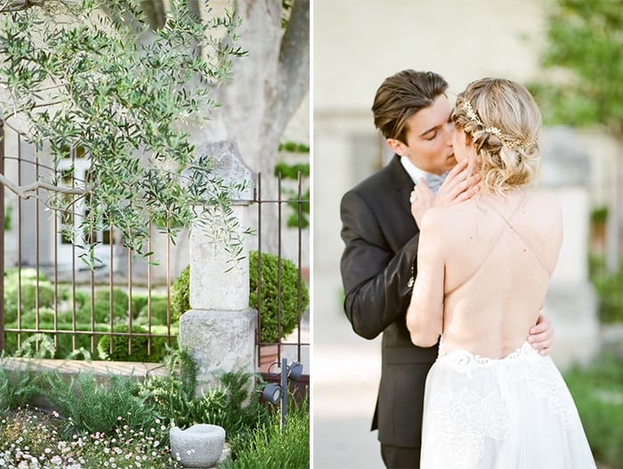 Wedding Couple at garden with fencing and vegetation