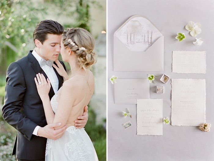 Happy Wedding Couple and Stylized wedding invitation surrounded by flowers