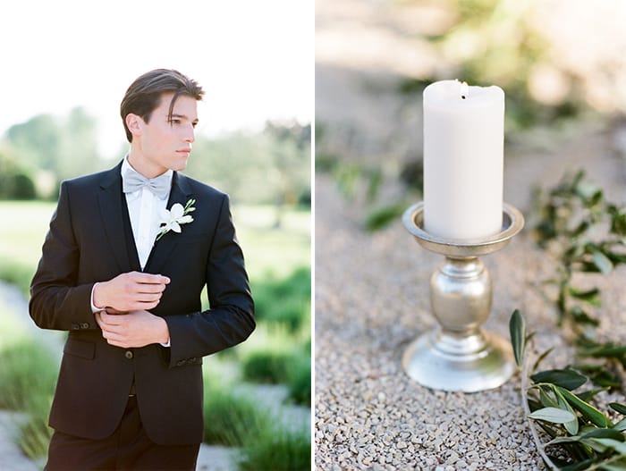 Styled shoot of groom and white candle on sliver holder