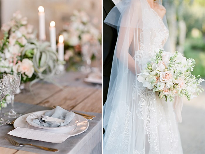 French Wedding reception table and bride in wedding gown with bouquet