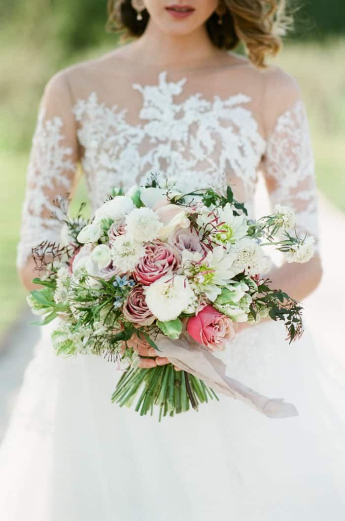 Wedding Bouquet Closeup with white, pink and green blooms