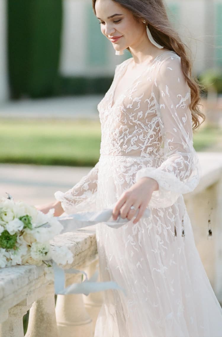 Closeup of lace details of a wedding dress