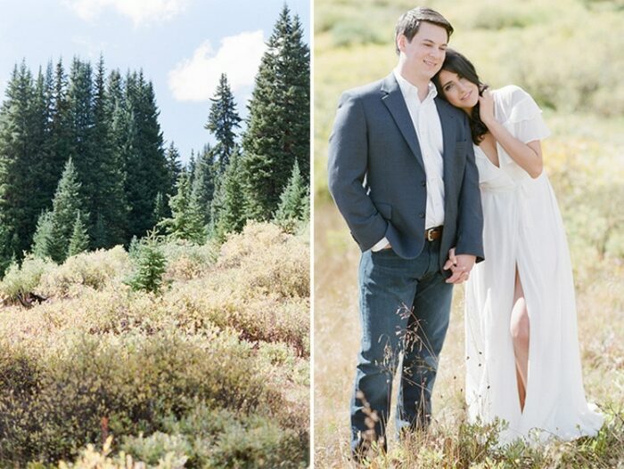 Tall golden grass and green pine trees with romantically engaged couple leaning on each other from the side