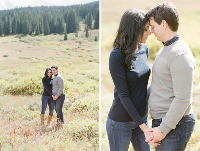 Romance of couple that is engaged posing together taking a engagement session photo shoot