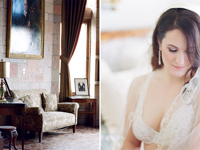 Bride wearing veil and white lingerie during an elegant boudoir portrait session at Cherokee Ranch and Castle in Colorado