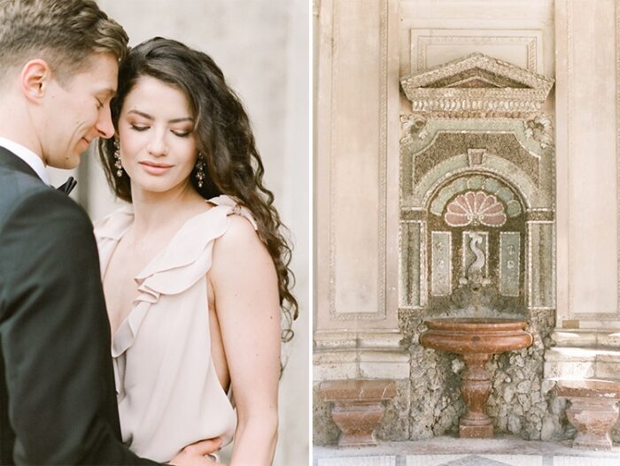 Engagement portraits in front of fountain in Munich