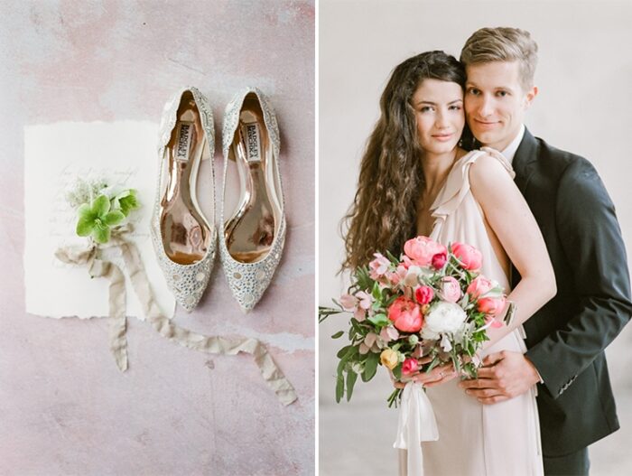 Silver shoes against a pink background