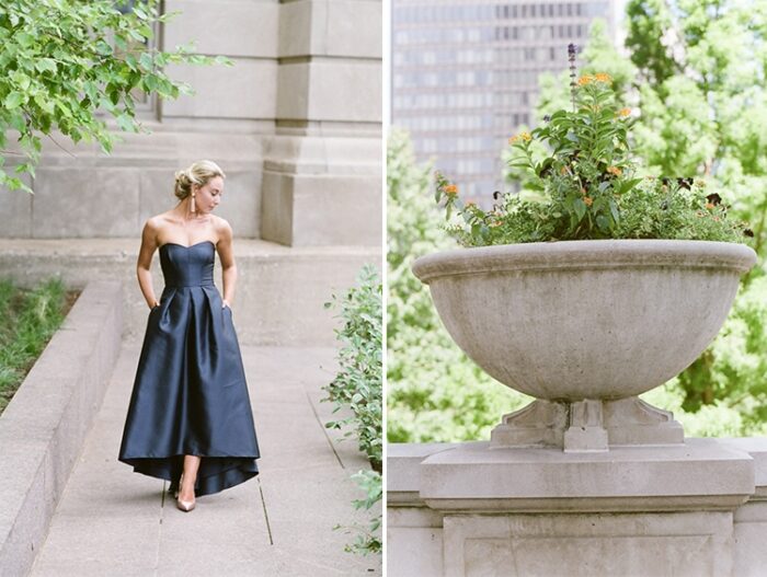 Collage of woman walking on path and Chicago architecture