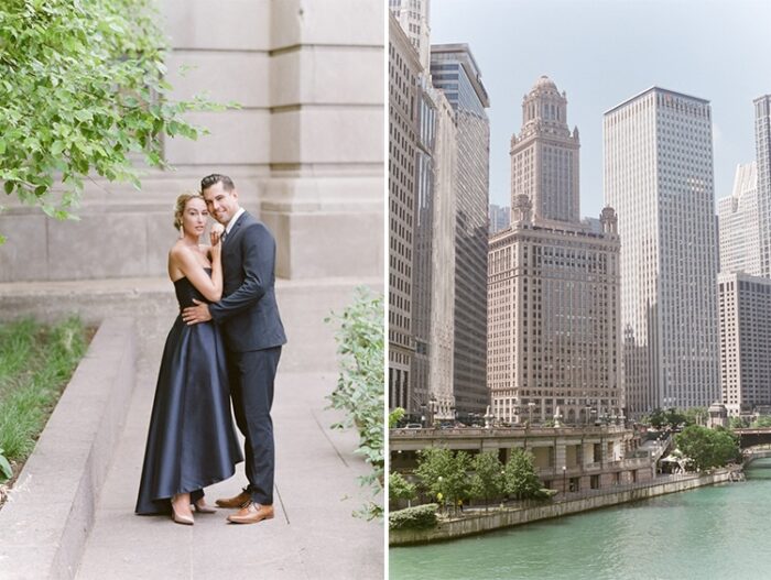 Couple on the left and Chicago skyscrapers on the river on the right