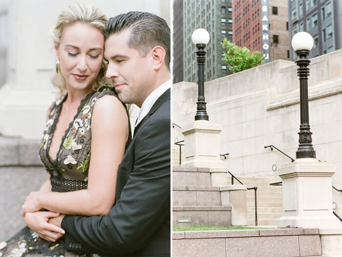 Engagement portrait session and light poles on white stone