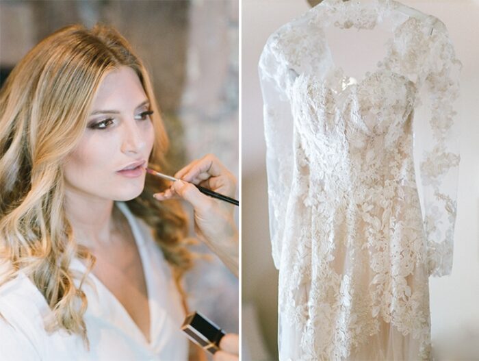 On the left bride is getting ready and on the right is her wedding dress made custom with lace fabric