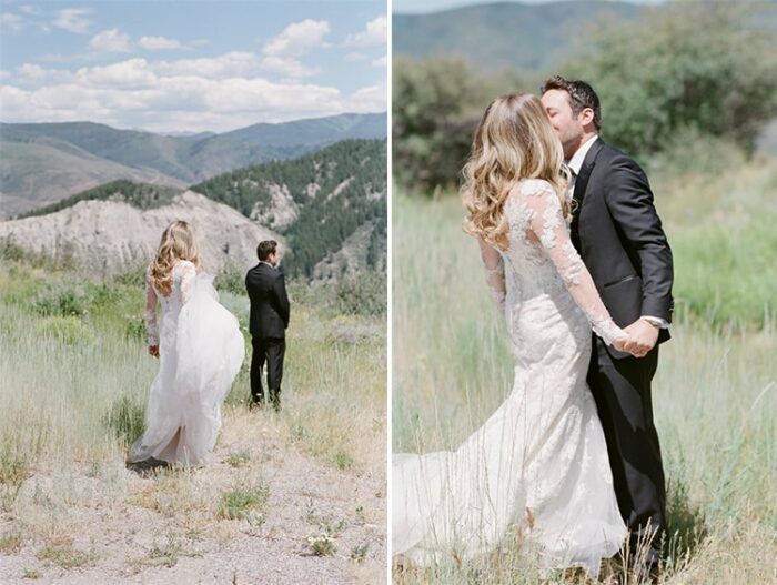 Collage of wedding couple together with backdrop of mountains