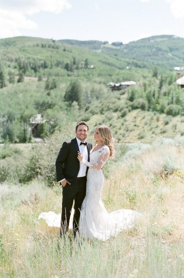 Wedding photo session of bride and groom in Colorado mountains