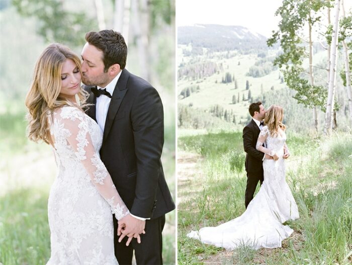 Collage of wedding couple together with backdrop of mountains