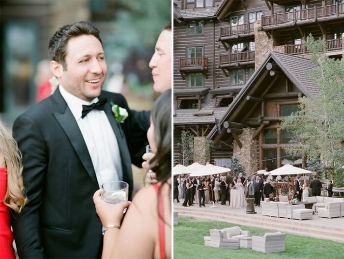 Groom on the left socializing and the outside of the Ritz-Carlton, Bachelor Gulch
