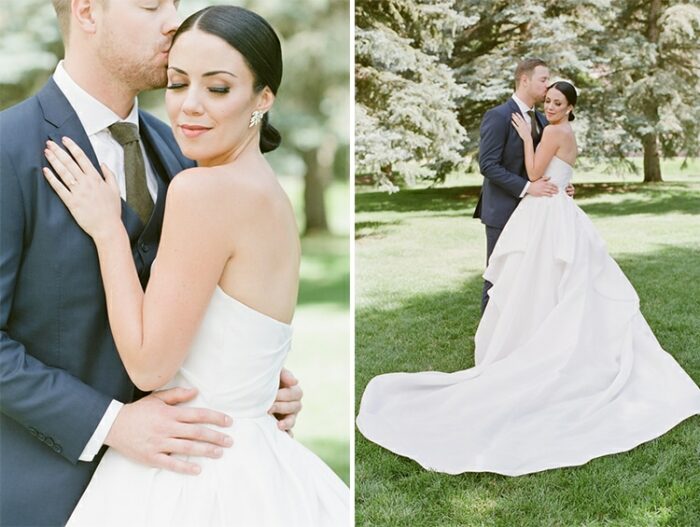 Collage of wedding couple embracing and groom kissing side of bride's head
