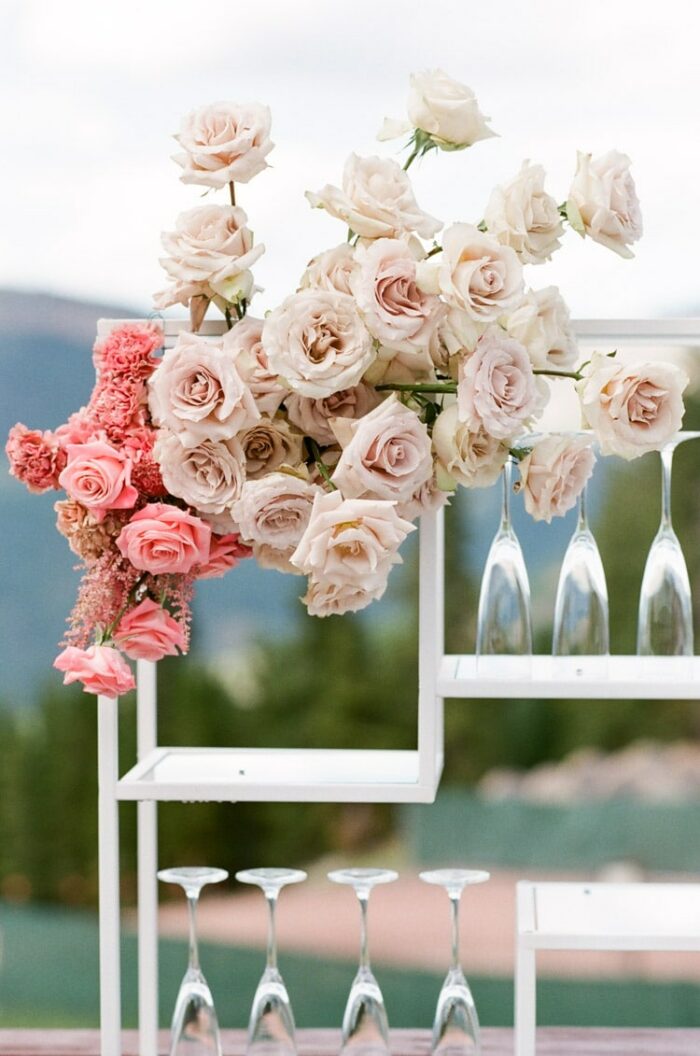 Colorful floral on white bar shelf