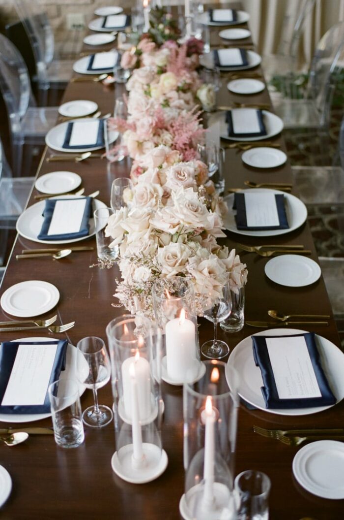 Floral centerpiece at wedding reception table