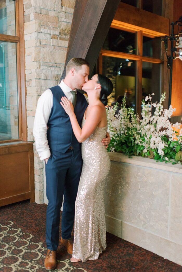 Ending of wedding married couple kissing